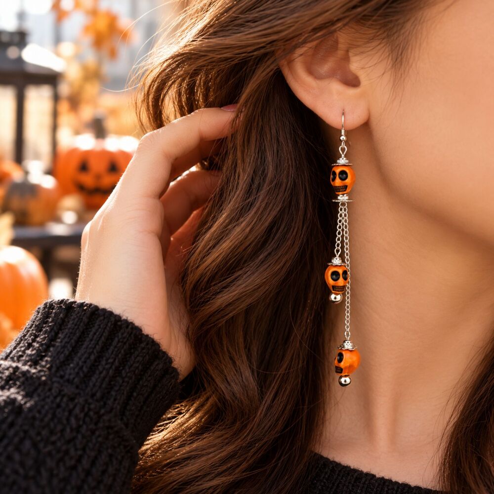 Orange Skull Chain Drop Earrings – Extra Long Spooky Statement Jewelry